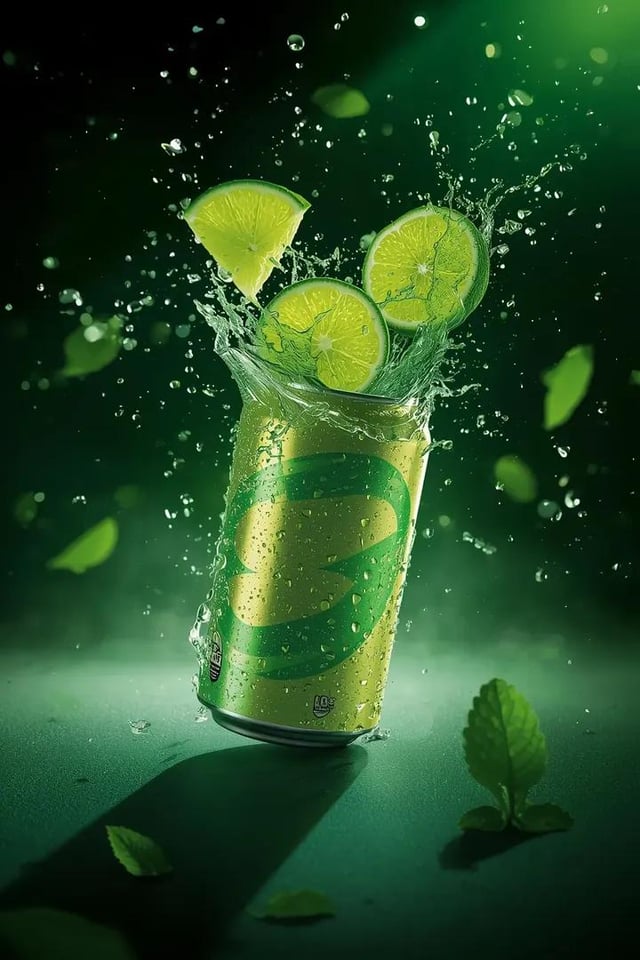 - Ultra-cinematic beverage advertising shot of a sparkling lime soda can, captured from a low three-