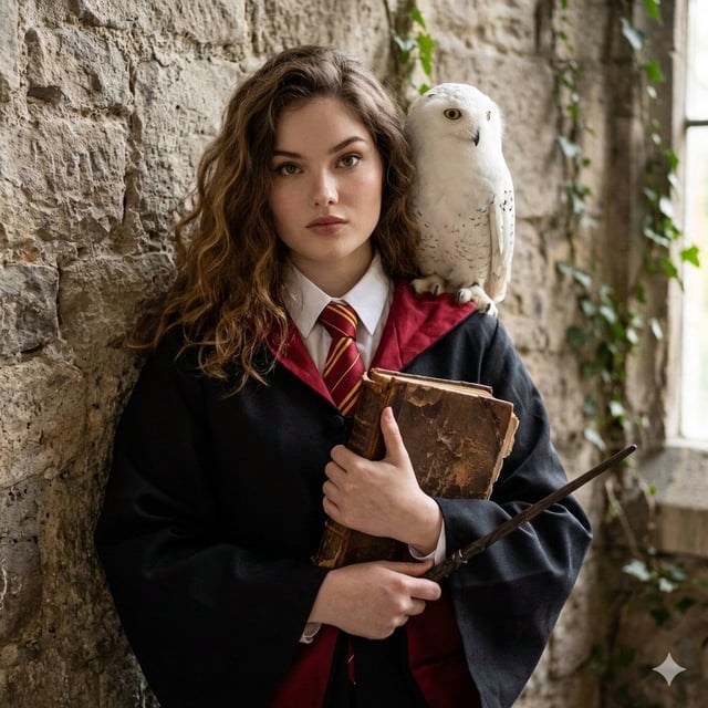 USE UPLOADED PHOTO AS REFERENCE. HOGWARTS-STYLE PHOTOSHOOT. THE GIRL IS POSING, IN A BLACK ROBE, THE