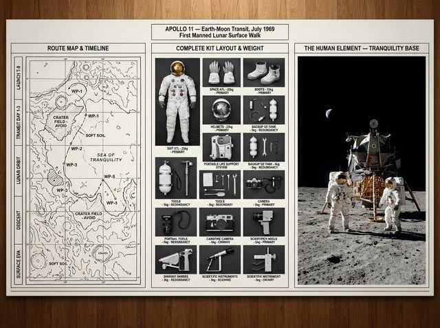 An expedition leader's planning board for [JOURNEY / MISSION] — [DESTINATION / ERA]. Left section: r