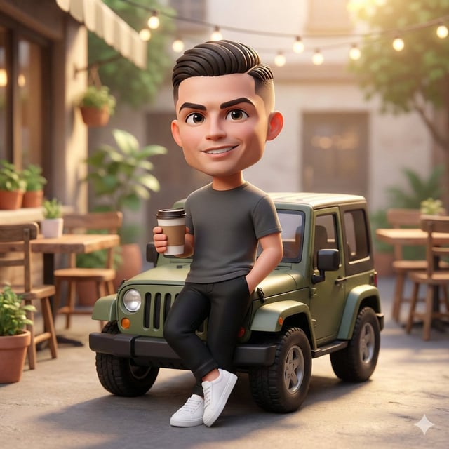 A cute 3D chibi-style character leaning against a parked mini chibi Jeep, wearing a clean monochrome