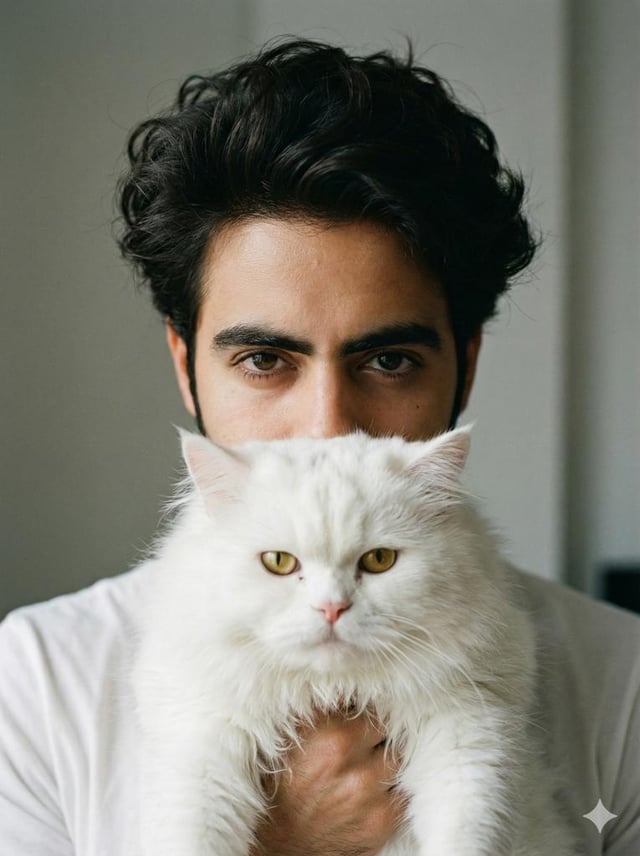 Close-up portrait of a young man Noor with long  messy, voluminous dark hair, holding a fluffy white
