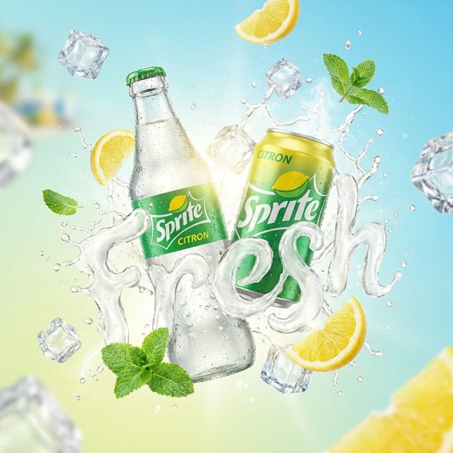 A vibrant, high-end advertising visual of a [PRODUCT NAME] can/bottle floating dynamically in the ce