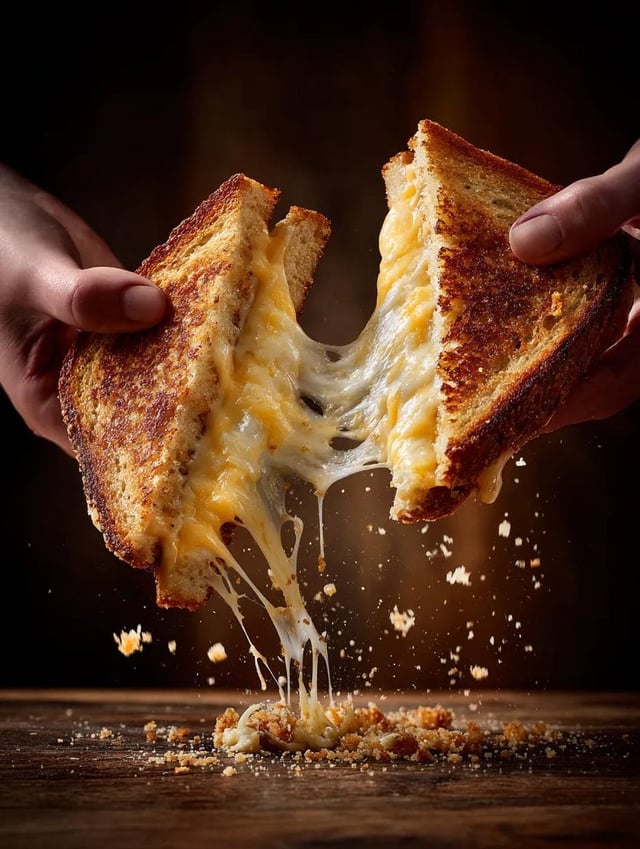 two hands pulling apart a grilled cheese sandwich, strands of melted cheddar stretching dramatically