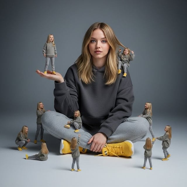 A creative surreal image of a woman sitting on the ground, wearing a dark yellow hoodie, gray pants,