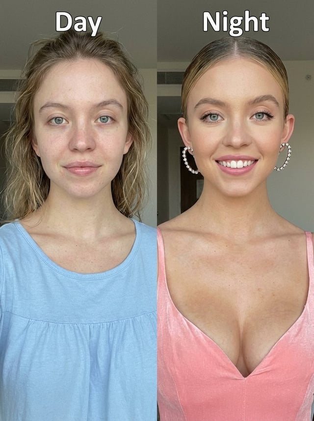 Before-and-after upper-body portrait photo of Sydney Sweeney, smiling in both images, split vertical