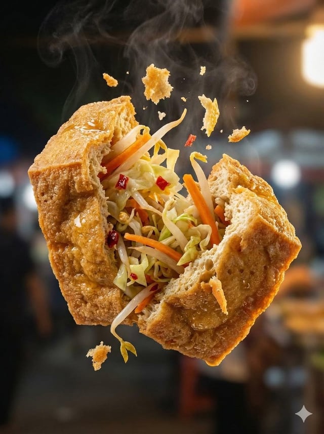 Macro food photography of a crispy martabak telur tearing open mid-air, thin golden wrapper shatteri