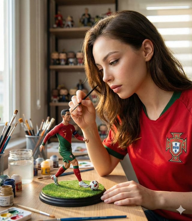 A hyper-realistic cinematic scene of a woman carefully painting a miniature football figurine of Cri
