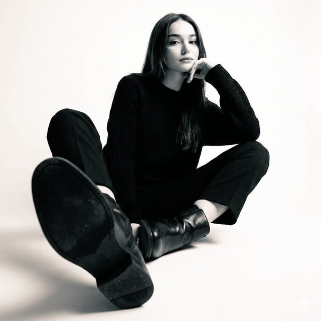 High-contrast black-and-white studio photo of a woman seated on the floor wearing a black sweater, b