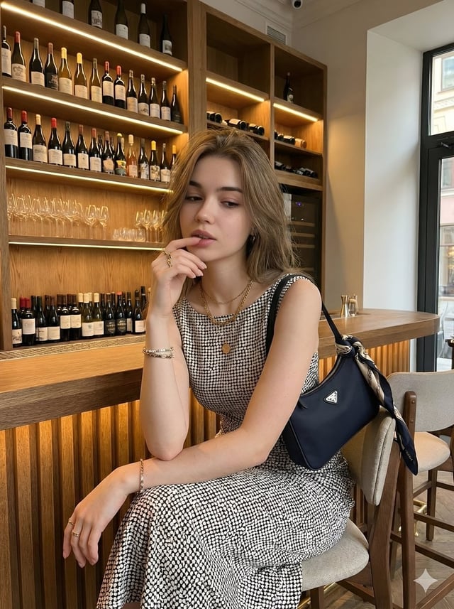 Young beautiful woman with long wavy hair, elegant sleeveless polka dot midi dress black and white p