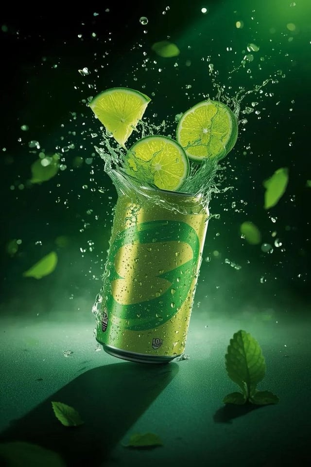 A hyper-realistic commercial product shot of a refreshing lime soda can exploding with energy in mid