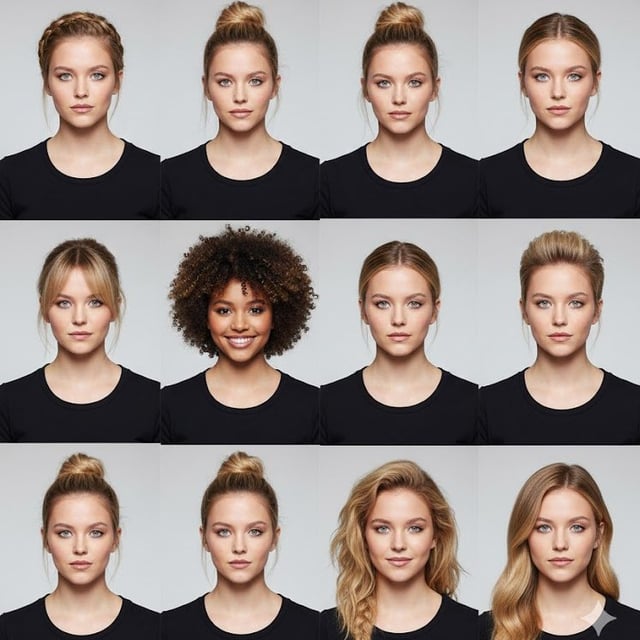 A 3×3 grid collage featuring the same female model, each square showing a different hairstyle.