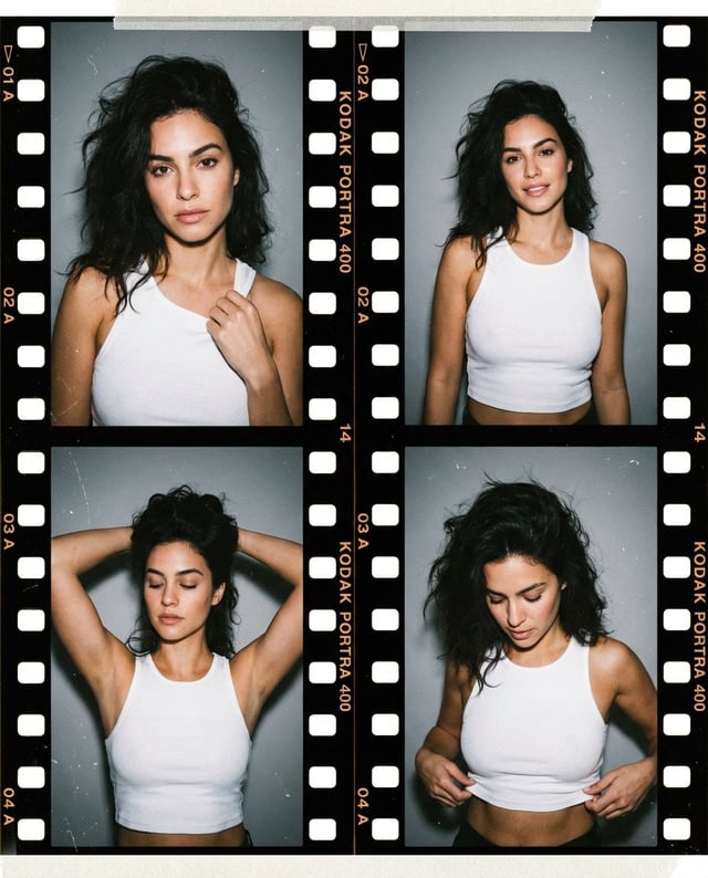 A photorealistic editorial-style portrait composed as a four-frame grid, resembling a contact sheet 