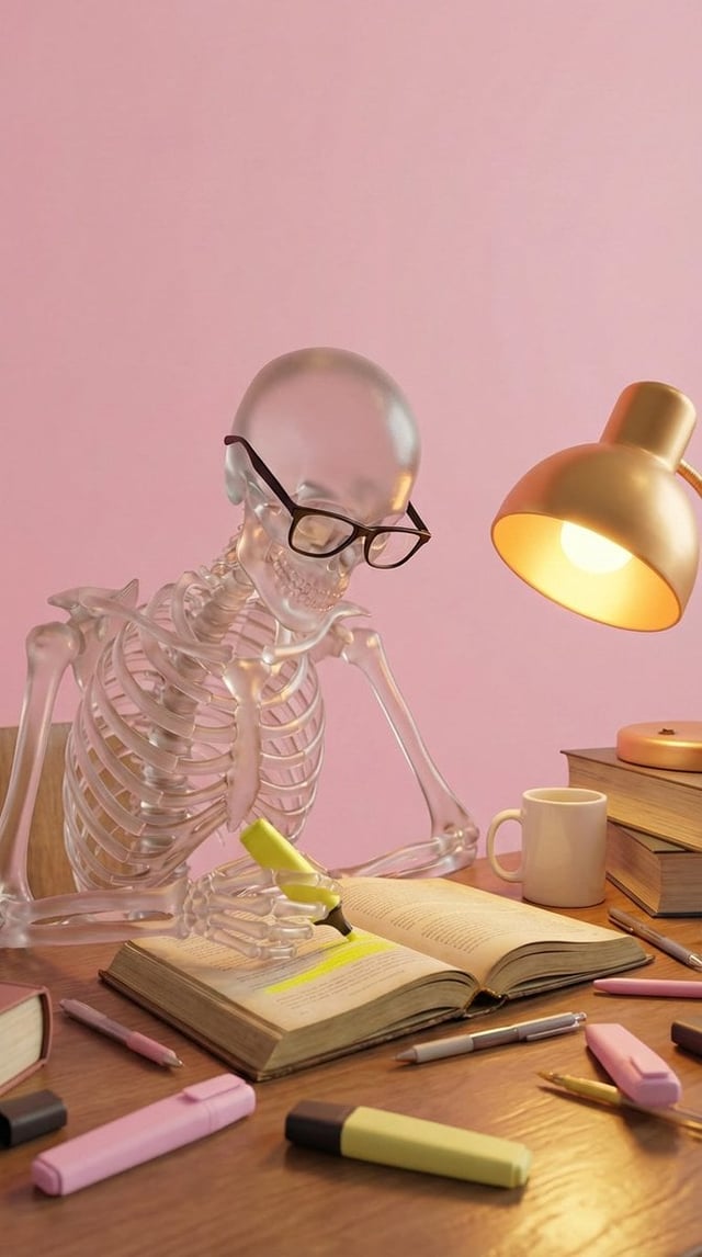 Create a high-quality stylized 3D render of a clear, translucent glass skeleton wearing black-rimmed