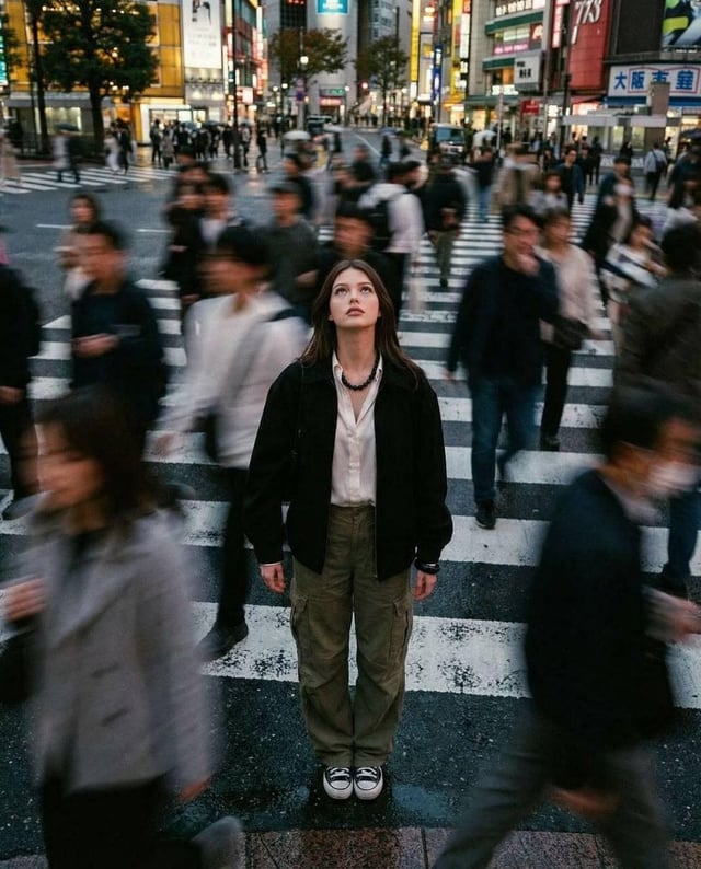 Cinematic street photography capturing a moment in motion with a crowd blur effect. Overhead portrai