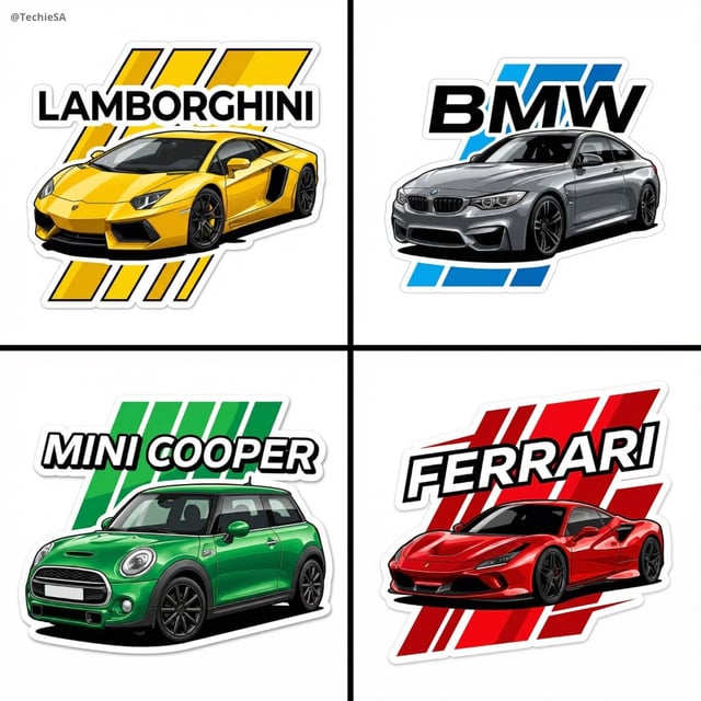Create a high-quality vector art illustration of a [COLOR] [BRAND + MODEL] viewed from a dynamic fro