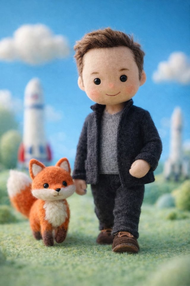 A handcrafted felt miniature illustration of [Celebrity] reimagined as a soft wool doll character. T
