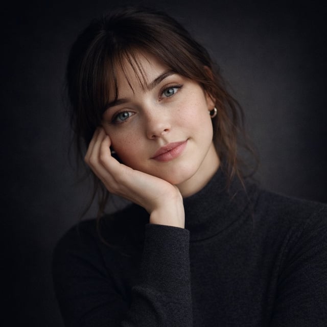 Ultra-realistic studio portrait of a young woman, front-facing, centered composition, symmetrical fa