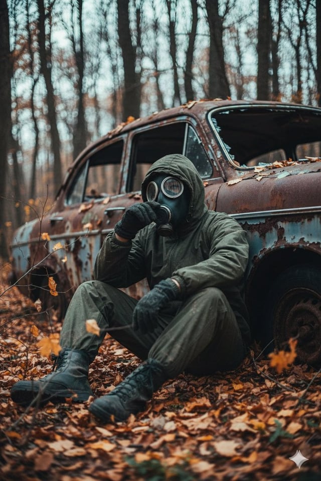A cinematic, ultra realistic post apocalyptic scene of a lone survivor sitting on the forest ground,