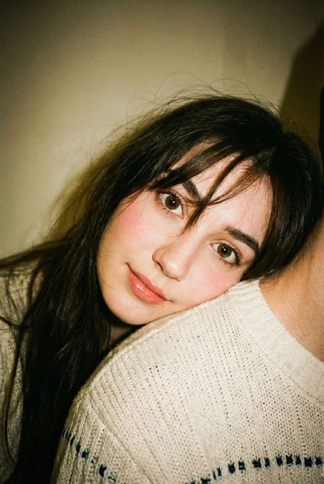 Edit this photo without changing the face. Portrait aspect ratio 2:3. Disposable camera aesthetic wi