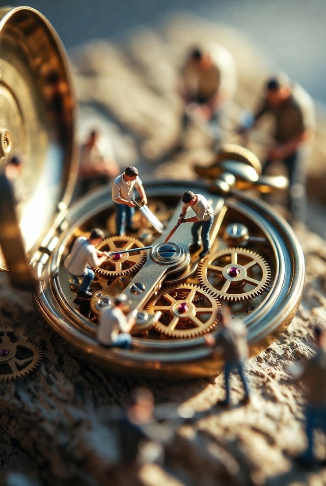 Ultra-realistic macro scene depicting tiny restoration workers collaboratively repairing an antique 