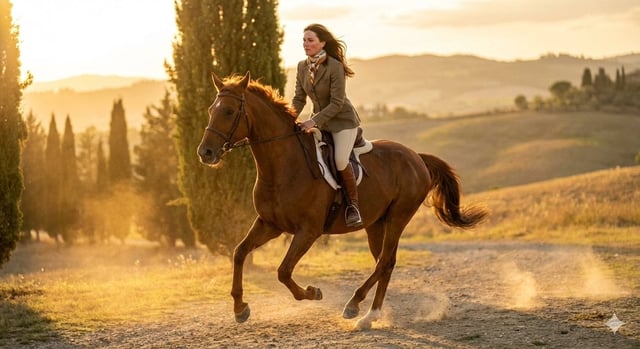 24-year-old female equestrian model riding a galloping chestnut horse, Hermès-inspired preppy fashio