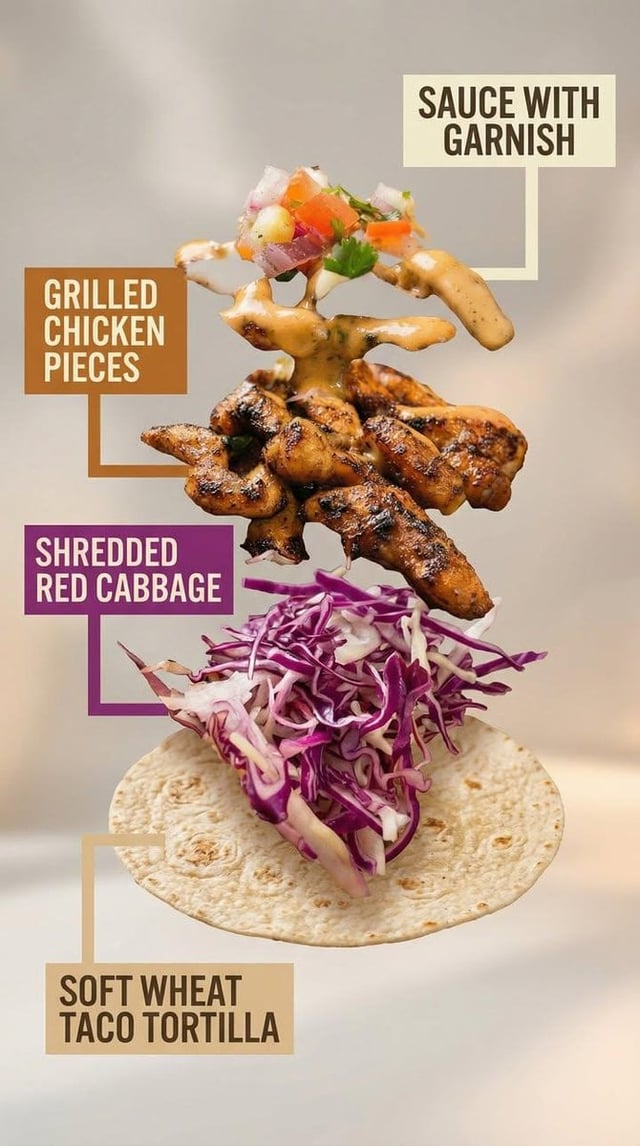 A high-end commercial food photograph of the same two tacos from the reference image, preserving the