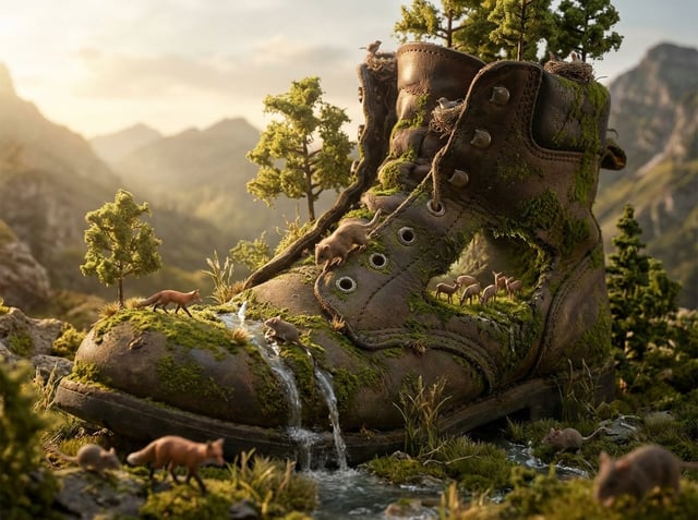 A colossal [OBJECT] reimagined as a complete natural biome. Tiny [WILDLIFE] has evolved to inhabit e
