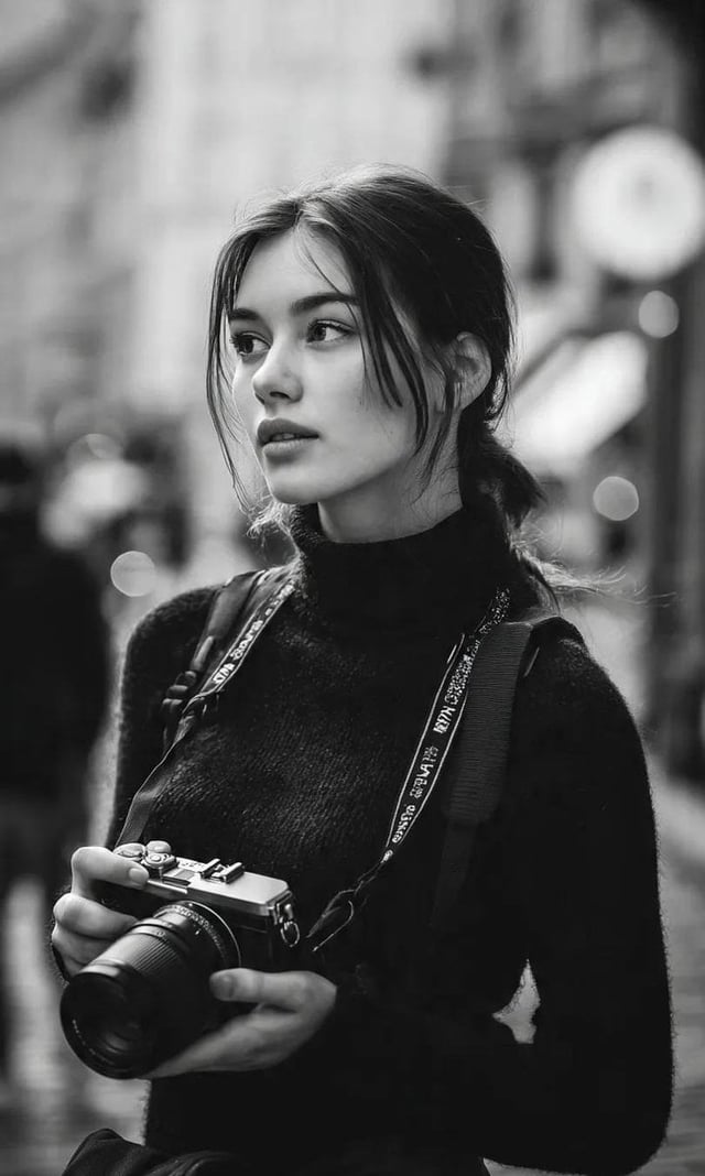 A cinematic black-and-white street portrait of a young woman photographer standing in a city street,