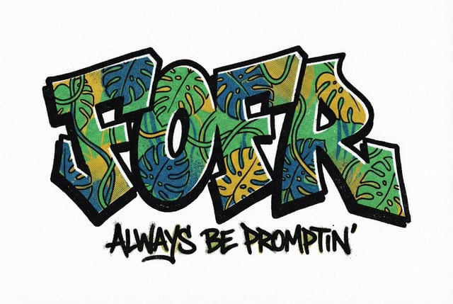 The word fofr as aggressive hard-edge graffiti with a monstera leaf motif, beautifully stylised. The