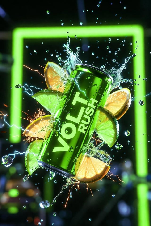 Ultra-cinematic product photography of a neon-green energy drink can labeled “VOLT RUSH”, tilted at 