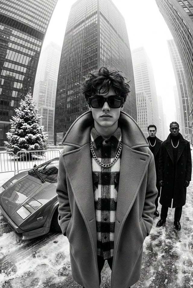 A black-and-white, high-contrast, ultra-glamorous street fashion editorial photograph taken with an 