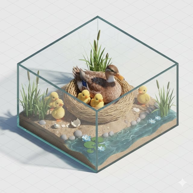 Isometric miniature nature diorama showing a mother [PARROT]  feeding newborn chicks in a nest on a 