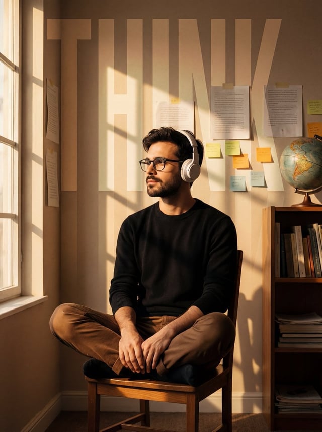 A cinematic portrait of a young man in the uploaded image sitting cross-legged on a simple wooden ch