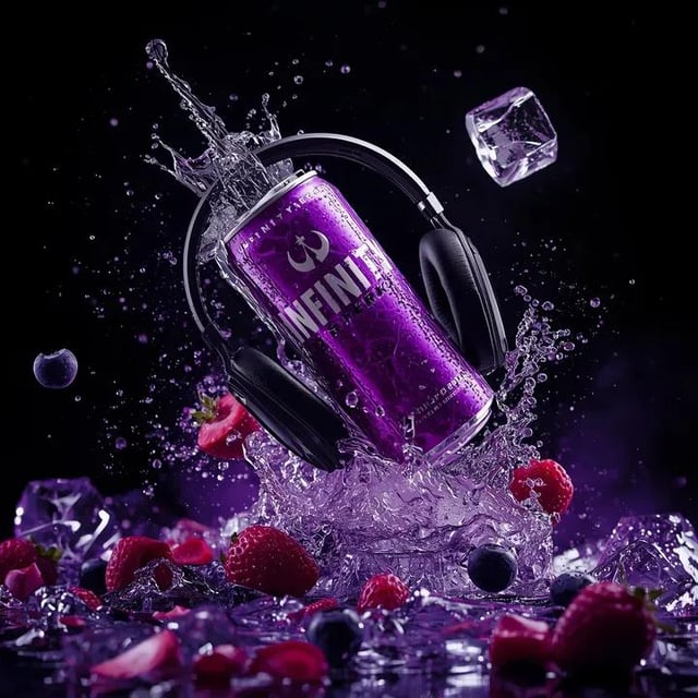 Ultra-cinematic product photography of a purple energy drink can labeled “INFINITY ENERGY DRINK – NI