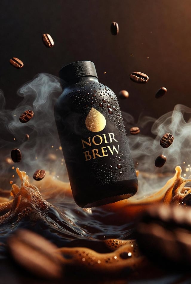 Ultra-cinematic premium coffee bottle labeled “NOIR BREW”, matte black glass with gold typography, f