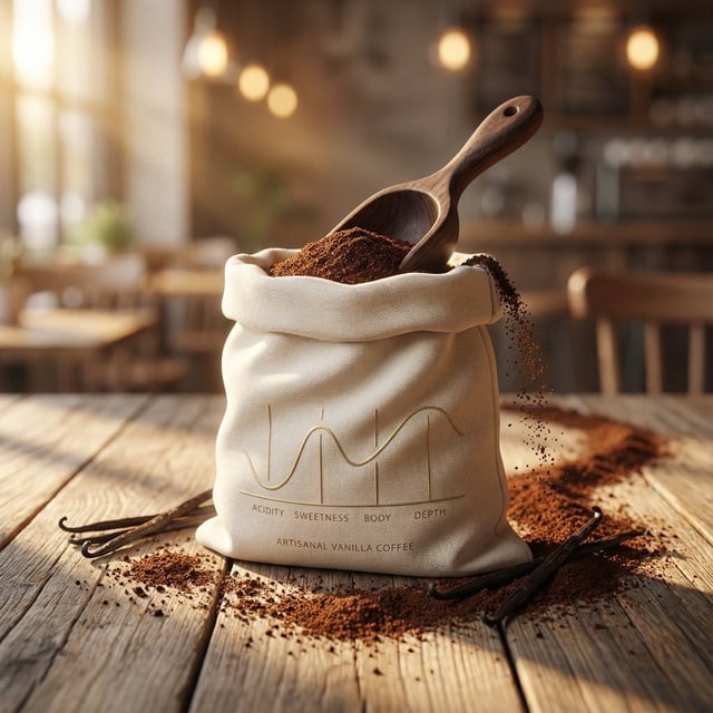 Luxury product photography of artisanal vanilla ground coffee packaged in a soft sculpted ivory pouc