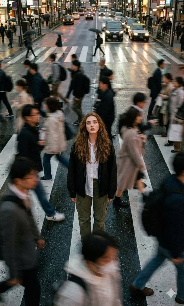 Cinematic street photography capturing a moment in motion with a crowd blur effect. Overhead portrai