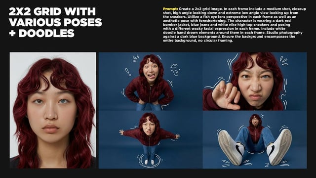 Create a 2x2 grid image. In each frame include a medium shot, closeup shot, high angle looking down 
