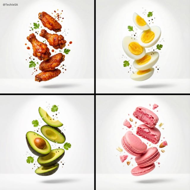[subject], premium food advertising, white seamless background, high key studio lighting, floating s