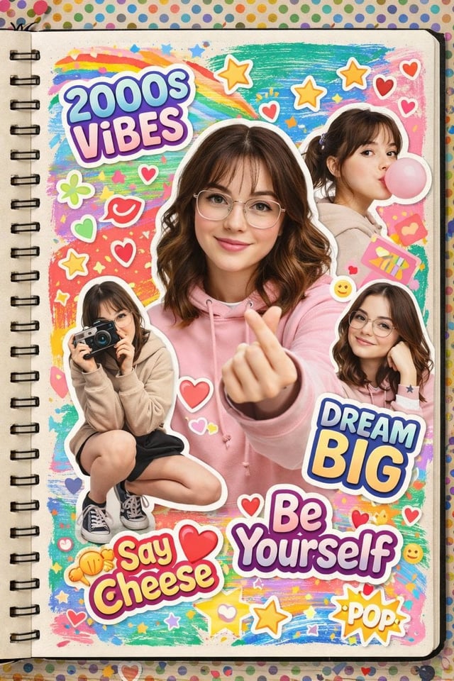 A vibrant 2000s scrapbook-style collage featuring the same young woman in multiple cutout poses. One