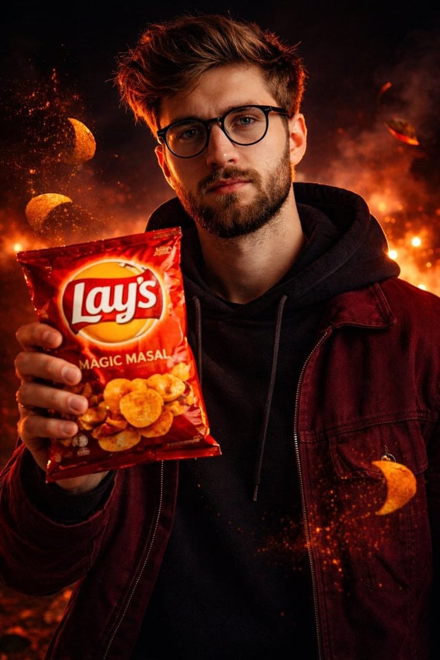 A cinematic, ultra-realistic advertising shot of a man holding a Lay’s [FLAVOR NAME] chips packet in