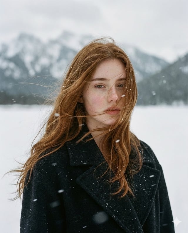 A poetic cinematic portrait of a young woman standing alone in a vast snowy landscape, surrounded by