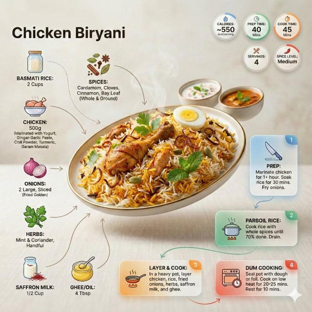 Ultra-clean modern recipe infographic. Showcase briyani in a visually appealing finished form—sliced