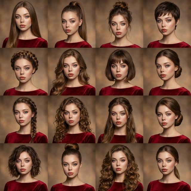 A high-quality photo collage featuring the same person with identical facial features and expression