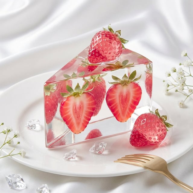 Create a luxury fashion-editorial still life of a sharp triangular prism cake slice made of hard cry