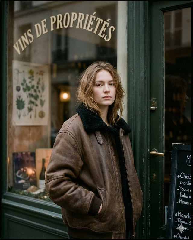 Ultra-realistic moody Paris street editorial portrait, shot outside a vintage shopfront at dusk/over