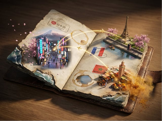 Epic 3D scene: a weathered passport lies open, its visa stamps erupting into the destinations they r