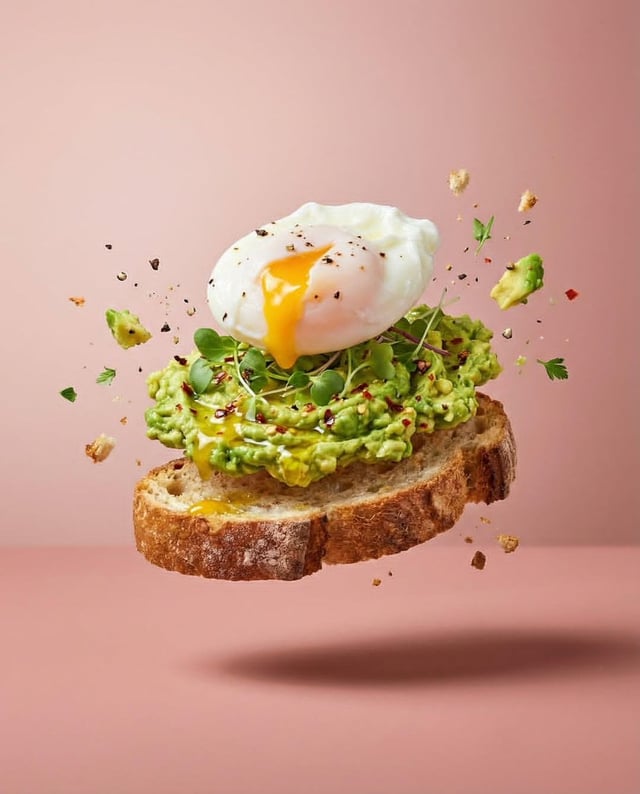 Professional studio food photography series featuring deconstructed dishes in high-speed levitation.