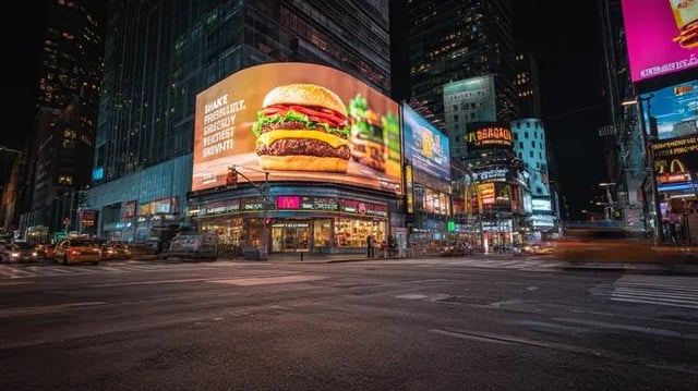 Ultra-realistic cinematic night cityscape inspired by Times Square, New York. A wide-angle street-le