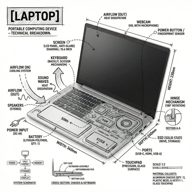 Create an infographic image of laptop ,combining a realistic photograph or photoreal render of the o